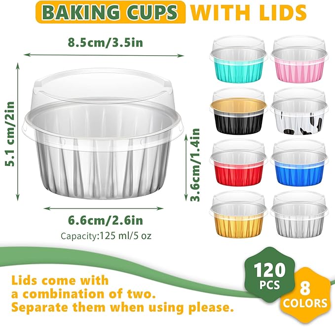 120 Pcs Aluminum Foil Baking Cups Mini Cake Pans with Lids 5 oz Cupcake Liners Disposable Muffin Tins Wrappers Baking Foil Ramekins Pans Aluminum Cupcake Cups for Birthday Party(Multicolor)