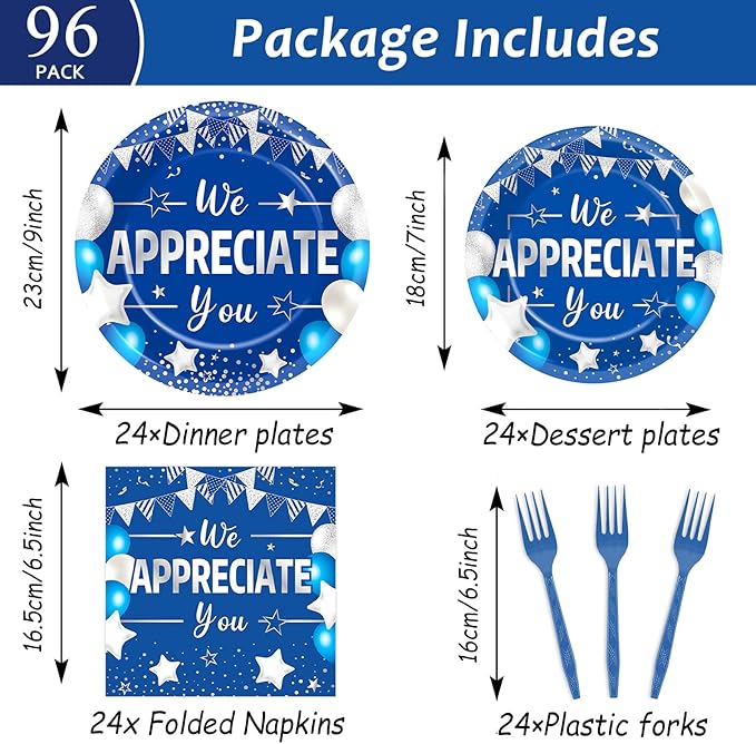 96pcs Blue Silver We Appreciate You Plates and Napkins set for Thankful Party Decorations Thank You Dinnerware Tableware Set for 24 Guests Employee Teacher Doctor Graduate Appreciation Party Supplies