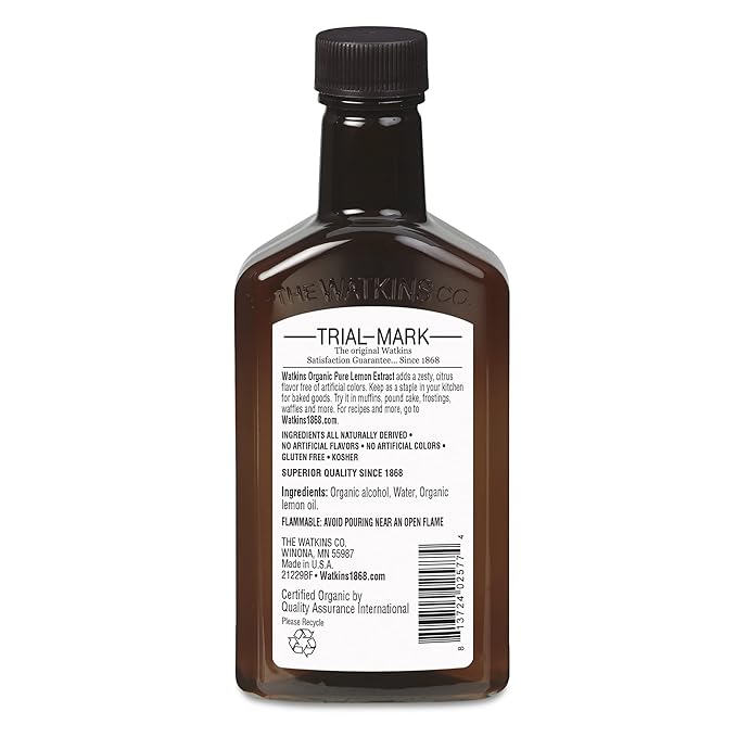 Watkins Organic Pure Lemon Extract, Non-GMO, Kosher, 4 oz. Bottle, 1-Pack