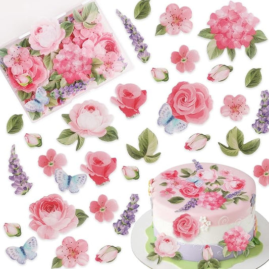 Morofme 100pcs Edible Flower Cupcake Toppers Edible Pink Flowers Cake Topper Butterfly Cupcake Toppers Wafar Paper Leaves Purple Flower Cake Decorations for Wedding Baby Shower Birthday Party Supplies