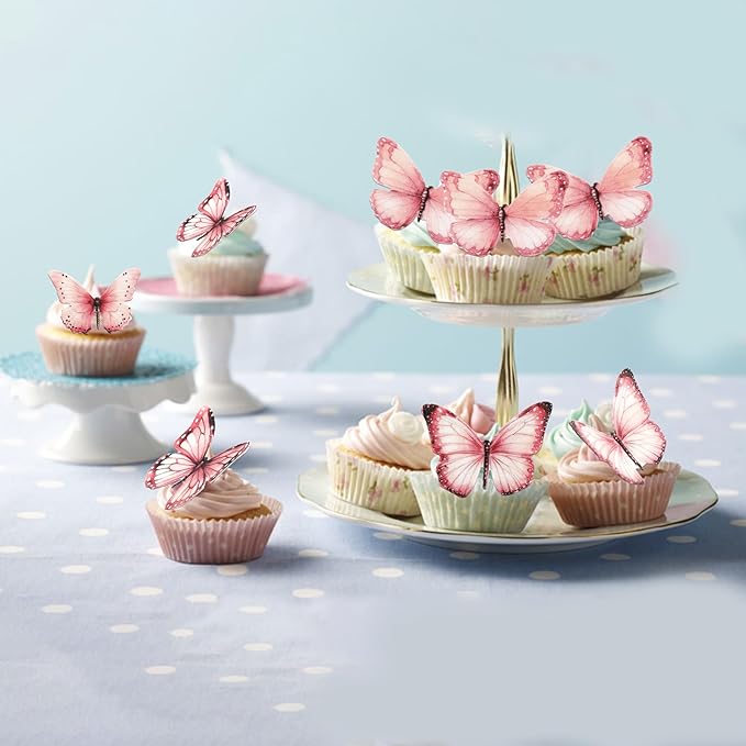 Rsstarxi 60 Pack Edible Butterfly Cake Decorations, Wafer Paper Butterflies Cupcake Toppers for Wedding, Birthday, Anniversary, Baby Shower Party Decorating Supplies - Pink