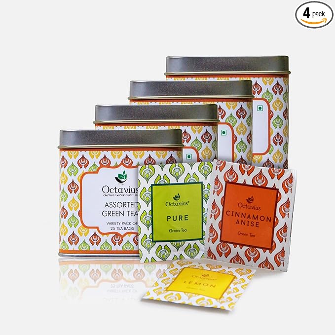 Octavius Green Tea Variety Pack | 3 Assorted Green Teas ??Lemon Honey, Cinnamon Anise & Pure Green | 25 Tea Bags Each | Detox & Antioxidant-Rich | Tea Sampler Pack | Pack of 4