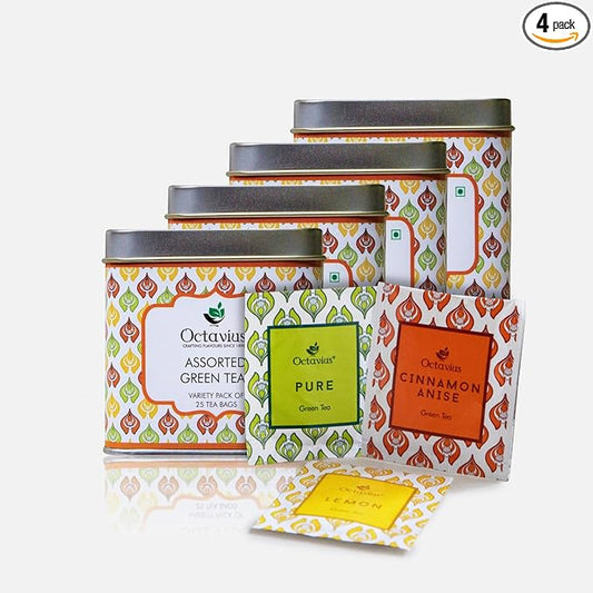 Octavius Green Tea Variety Pack | 3 Assorted Green Teas ??Lemon Honey, Cinnamon Anise & Pure Green | 25 Tea Bags Each | Detox & Antioxidant-Rich | Tea Sampler Pack | Pack of 4