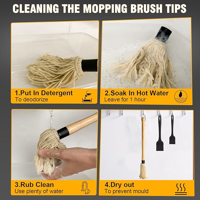 Walfos Basting Brush Silicone and BBQ Mop, Grill Basting Mop with 3 Heads and 2Pcs Pastry Brushes, Wooden Long Handle, Heat Resistant for Grilling, Smoking Steak, Kitchen Cooking (18"竊?,<div>