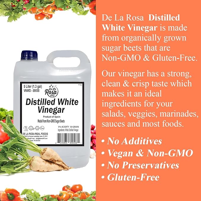 De La Rosa Distilled White Vinegar, Raw & Unfiltered, Kosher for Passover, Vegan & Gluten Free, Great for Salad Dressing, Marinades, White Distilled Vinegar 5 Liter (Pack of 1)