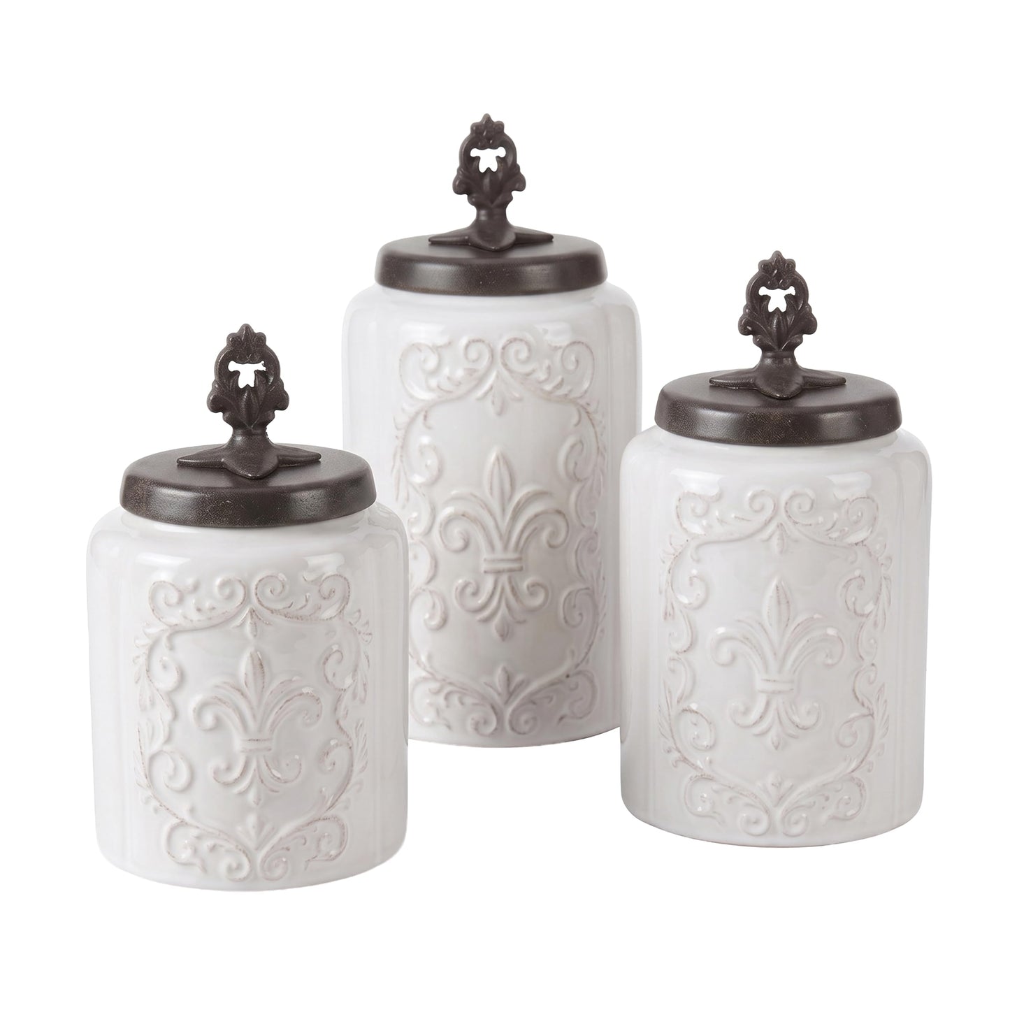 American Atelier Fleur de Lis White Canister Set 3-Piece Ceramic Jars in 84.5oz, 74.5oz, & 60oz