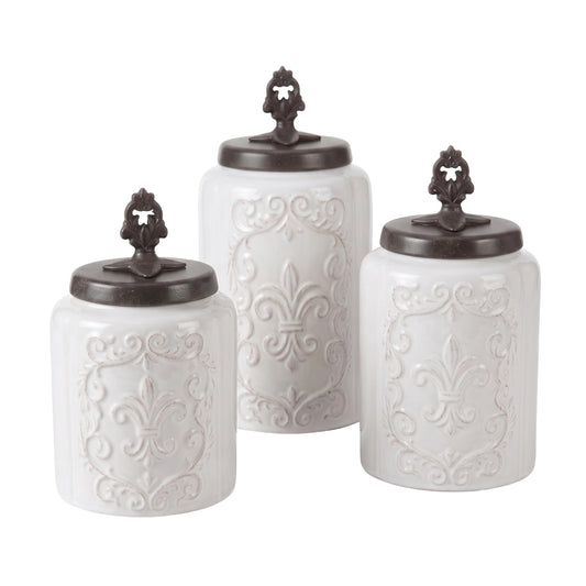 American Atelier Fleur de Lis White Canister Set 3-Piece Ceramic Jars in 84.5oz, 74.5oz, & 60oz