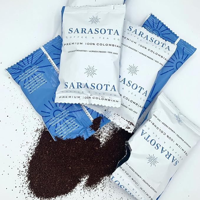 SARASOTA COFFEE & TEA CO. Packets, Pre Ground Coffee Packs, Premium 100Percent Colombian Medium Roast, Bulk Single Pot Bags for Drip Coffee Makers, (2 oz Bags, Pack of 36)