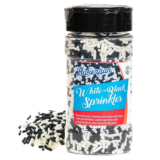 Bakerpan White-Black Jimmies Sprinkles - 6 Ounces Edible Sprinkles for Cake Decorating, Cupcakes, Ice Cream, Cake Decorations (Made in USA)