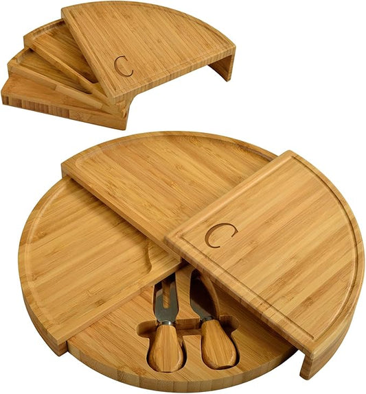 Picnic at Ascot Patented Personalized Monogrammed Engraved Bamboo Cheese/Charcuterie Board with Cheese Knives- Designed & Quality Checked in the USA