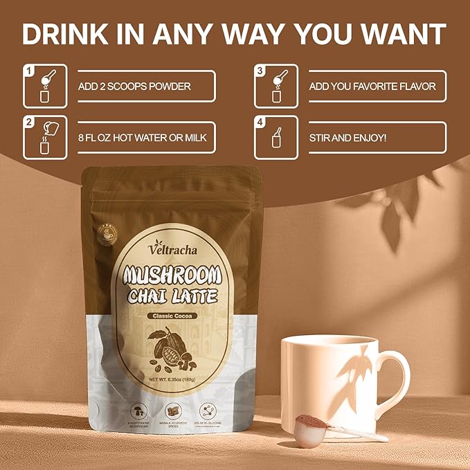 Veltracha Mushroom Chai Tea, Instant Chai Tea Powder with 6 Adaptogenic Mushrooms, Spiced Chai Latte for Energy & Focus Support, 6.35 oz 20 Servings (Classic Cocoa)