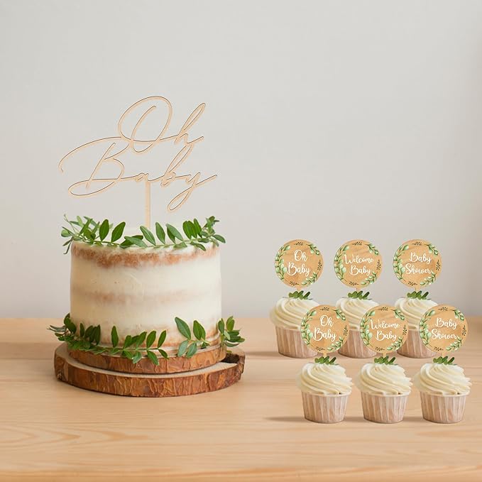 12 PCS Baby Shower Party Cupcake Toppers Oh Baby Cake Cupcake Decorations in Wood (Design A)