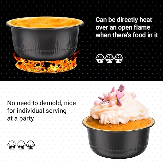 Beasea Aluminum Foil Ramekin Cups With Lids, 100 Pack 6.1oz 180ml Mini Disposable Foil Ramekins Aluminum Round Oven Baking Cupcake Cups for Party - Black Gold
