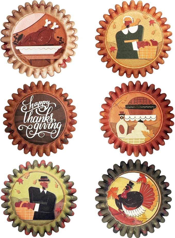 qiqee Thanksgiving 300PCS Mini Cupcake Liners Cupcake Cups 6 Designs Thanksgiving Turkey Cupcake Papers Baking Cups Cupcake Wrappers (Small Size)