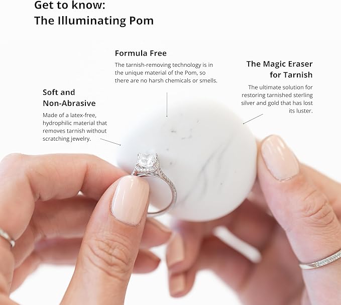 Illuminating Pom Tarnish Eraser - Formula-Free Sterling Silver Polisher, Non-Toxic Jewelry Cleaner Cloth Alternative, Chic Storage Jar, Safe All Metals