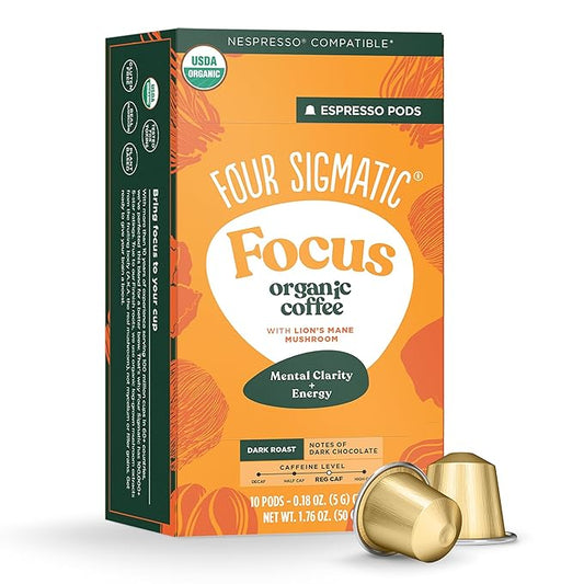 Four Sigmatic Focus Coffee Pods Compatible with Nespresso Original | Organic Dark Roast Espresso with Added Focus | Mushroom Coffee Enhanced with Lion's Mane | Original Dark Roast 10ct