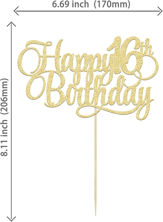1 Pack Happy 16th Birthday Cake Topper Glitter Number 16 Sixteen Years Old Birthday Cake Pick Decoration for 16th Birthday Celebrating Anniversary Party Supplies Gold