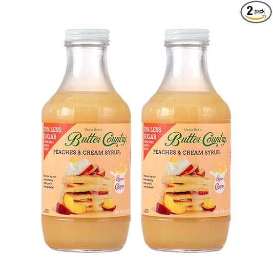 Butter Country Rich & Creamy Peach Syrup for Pancakes and Waffles, All Natural Fruity Topping Use on Drinks, Desserts, French Toast - 16oz Bottle, 2 Pack