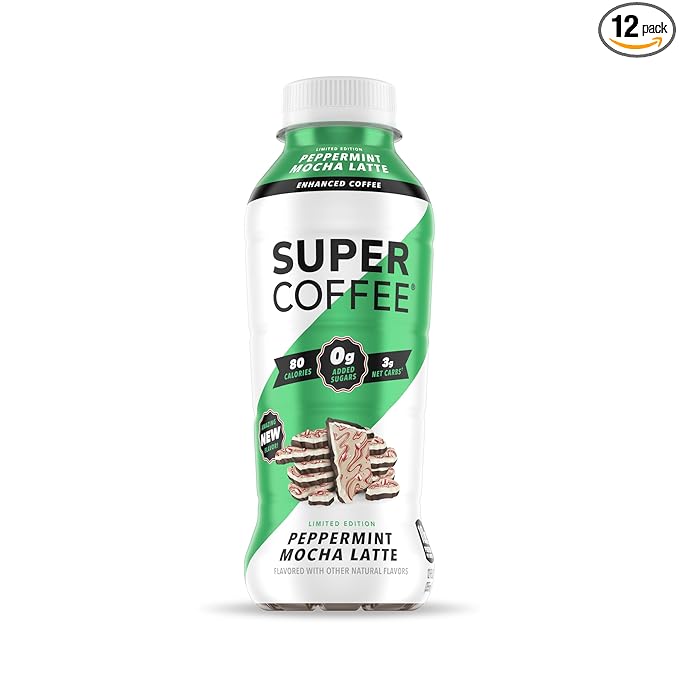 Super Coffee, Keto Protein Coffee (0g Added Sugar, 10g Protein, 80 Calories) [Peppermint Mocha Latte] 12 Fl Oz, 12 Pack | Iced Smart Coffee Drinks - LactoseFree, GlutenFree