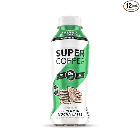 Super Coffee, Keto Protein Coffee (0g Added Sugar, 10g Protein, 80 Calories) [Peppermint Mocha Latte] 12 Fl Oz, 12 Pack | Iced Smart Coffee Drinks - LactoseFree, GlutenFree