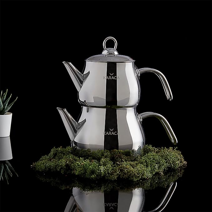 Karaca Layla Teapot Edelstahl, Turkischer Teekocher, Wasserkocher, Teekanne: 1 L Wasserkocher: 1,75 L, T체rkisches Teekannen, Kayra Teekannen Set Metal