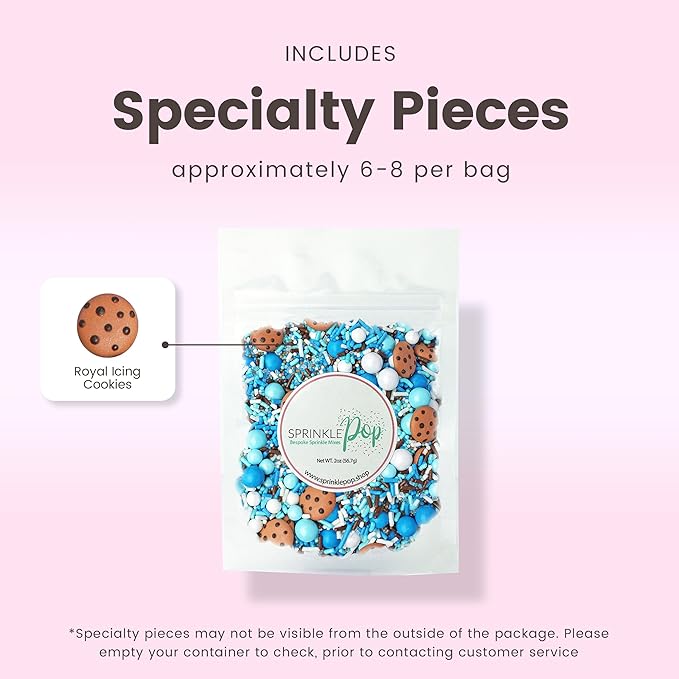 Sprinkle Pop Cookies & Milk Sprinkle Mix| Blue and White Sprinkles with ~6 Hand Piped Chocolate Chips Cookies and Brown Pops| Decorating Sprinkles Made in USA For Birthday Cake Cupcakes Donuts, 2oz