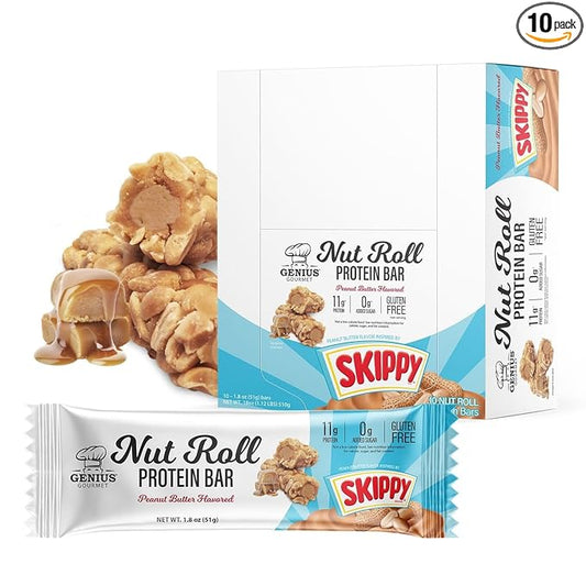Genius Gourmet SKIPPY Peanut Butter Flavor Inspired Protein Nut Roll Bar,11g Protein per serving(18% DV), 0g Added Sugar, Carb Conscious Snack Bar, Gluten Free ??10 Count