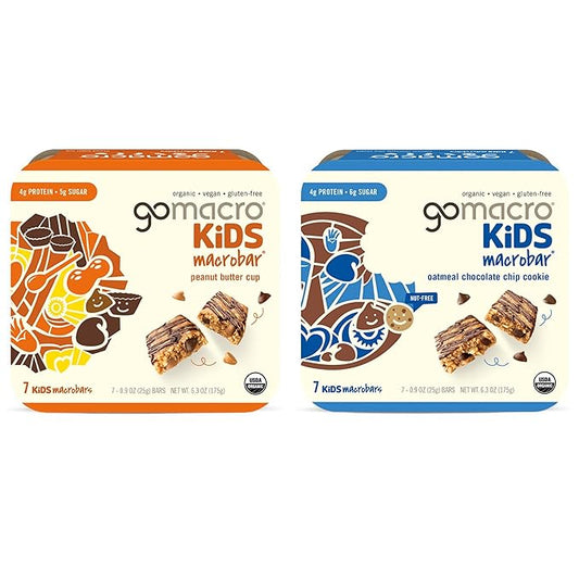 GoMacro Kids MacroBar Organic Vegan Snack Bars ??Peanut Butter Cup & Oatmeal Chocolate Chip Cookie (0.90 Ounce Bars, 7 Count) (Pack of 2)