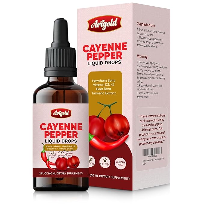 Arigold Cayenne Pepper Liquid Drops ??2 fl oz (60 ml) Vegan Supplement with Vitamin D3 K2, Hawthorn Berry, Beet Root, Turmeric, Ceylon Cinnamon, Berberine & Ginseng - Non-GMO Gluten-Free.