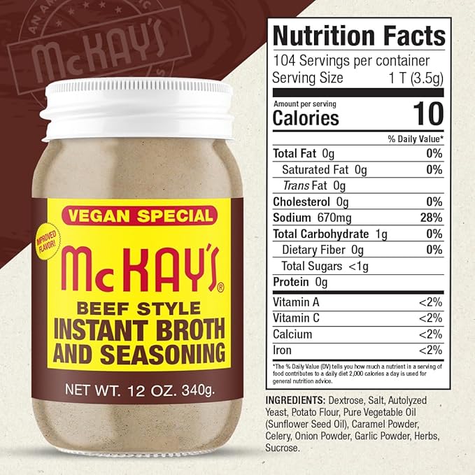 McKay's Vegan Beef Flavored Soup Seasoning, Gluten Free, Vegetarian Instant Broth, Bullion Powdered Seasoning, Good on Meats, Veggies or in Soup! (Vegan Beef, 1 Pack)