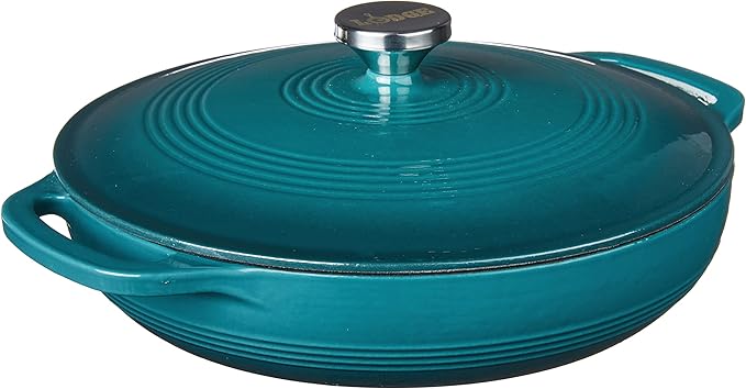 Lodge 3.6 Quart Enameled Cast Iron Covered Casserole with Lid ??Dual Handles ??Oven Safe up to 500ì§?F or on Stovetop - Use to Marinate, Cook, Bake, Refrigerate and Serve ??Lagoon