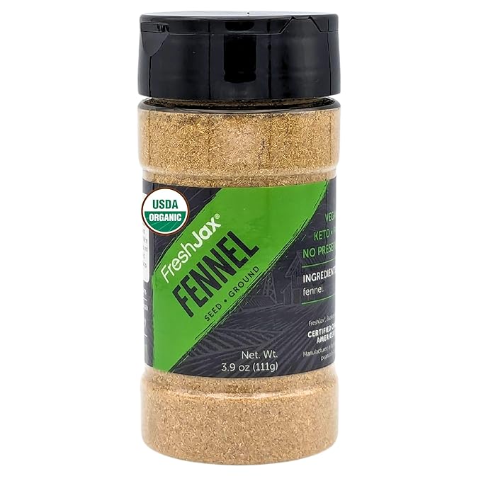 FreshJax Organic Ground Fennel Seed Powder ??3.9 oz | Sweet & Aromatic Spice for Sausage, Curries, Soups, Baking & Italian Dishes | Non-GMO, Gluten-Free, Keto, Paleo