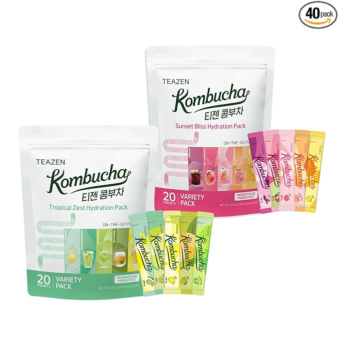 TEAZEN Kombucha Variety 2 Pack Set - 40 Sticks, 10 Flavors