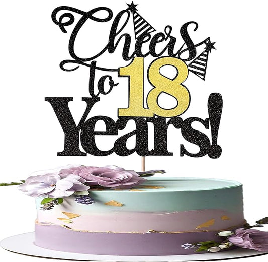 Rsstarxi 1 Pack Cheers to 18 Years Cake Topper Glitter Eighteen Years Old 18th Birthday Cake Pick 18 Fabulous Cake Decorations for Happy 18th Birthday Wedding Anniversary Party Supplies Black