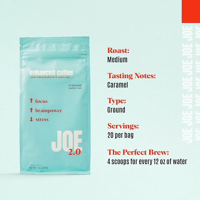 Joe 2.0 - Mushroom Coffee with Lion?™s Mane & Ashwagandha ??Nootropic Ground Coffee for Focus, Calm Energy & Clarity ??Joe 2.0 Medium Roast ??20 Servings (11 oz)