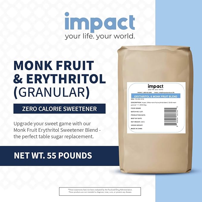 Impact White Monk Fruit & Erythritol Sweetener Blend - Gluten Free, Zero Calories, Net Carbs, Keto, Vegan, Non-GMO - 1 is to 1 Sugar Substitute - 55lbs