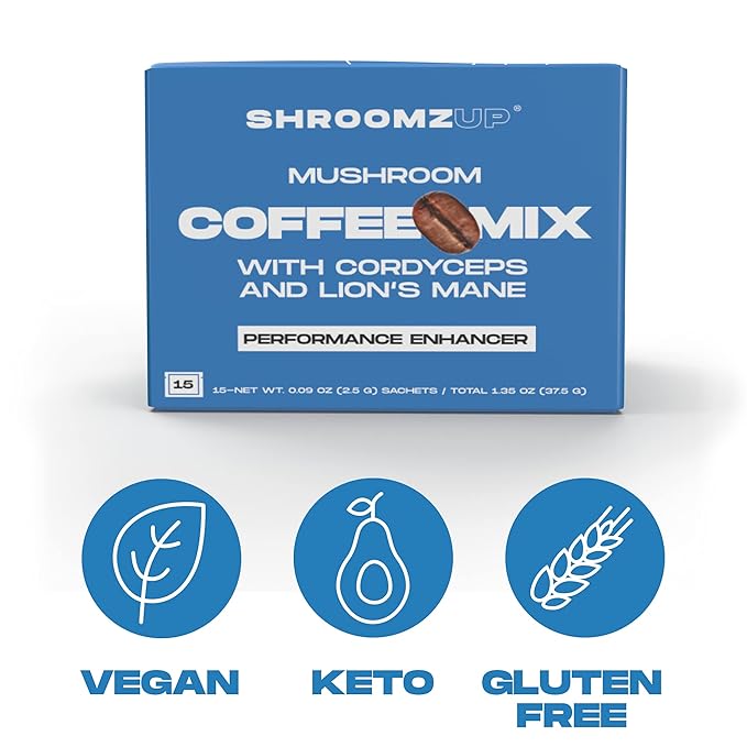 ShroomzUp Instant Mushroom Coffee 15 Pack - Cordyceps & Lion's Mane - Nootropic Mushroom Coffee for Energy, Focus & Concentration - Arabica and Robusta Instant Shrooms