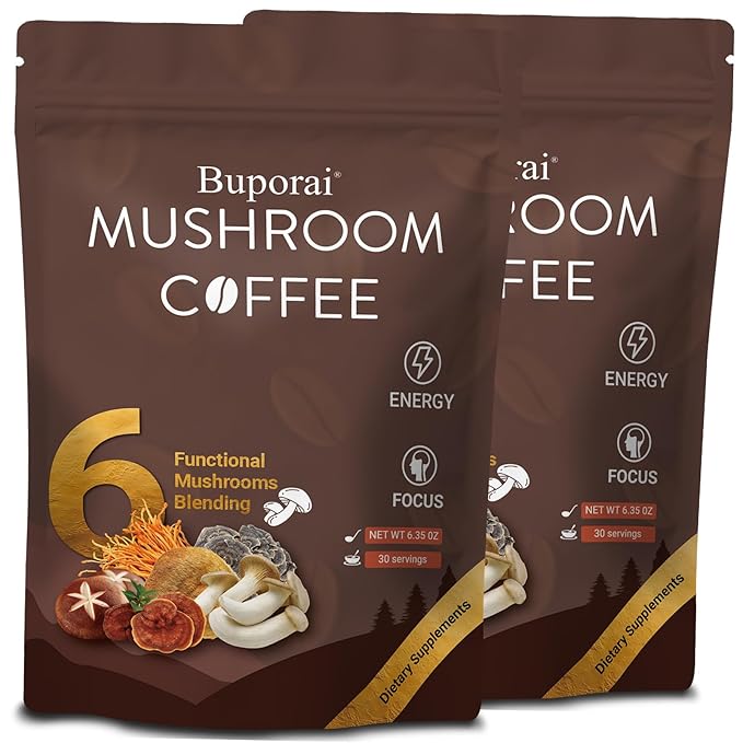 Mushroom Coffee, Instant Mushroom Coffee with 6 Mushrooms Lion’s Mane, Cordyceps, Turkey Tail & Other for Energy, Focus, Digestion, Immunity, 30 Servings (2 Pack)