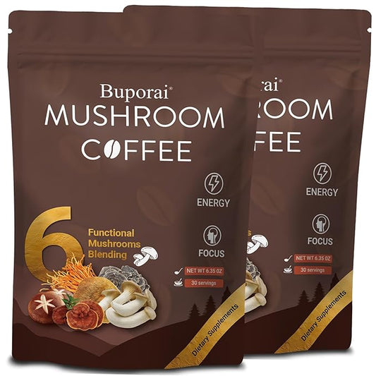 Mushroom Coffee, Instant Mushroom Coffee with 6 Mushrooms Lion’s Mane, Cordyceps, Turkey Tail & Other for Energy, Focus, Digestion, Immunity, 30 Servings (2 Pack)