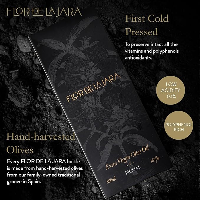 FLOR DE LA JARA Premium Extra Virgin Olive Oil from Spain, First Cold Pressed, Polyphenol-Rich, Monovarietal Picual, Hand-Harvested Olives, Family-Owned Grove, Low acidity (0,1%), 16.9 fl oz (500ml)