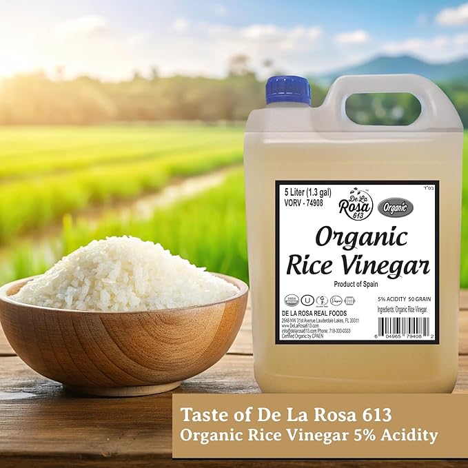 De La Rosa Organic Rice Vinegar 5% Acidity, Kosher, Rice Vinegar for Cooking, Sushi, Salad Dressings and More | Sugar-Free Rice Vinegar - 5 Liter (Pack of 1)