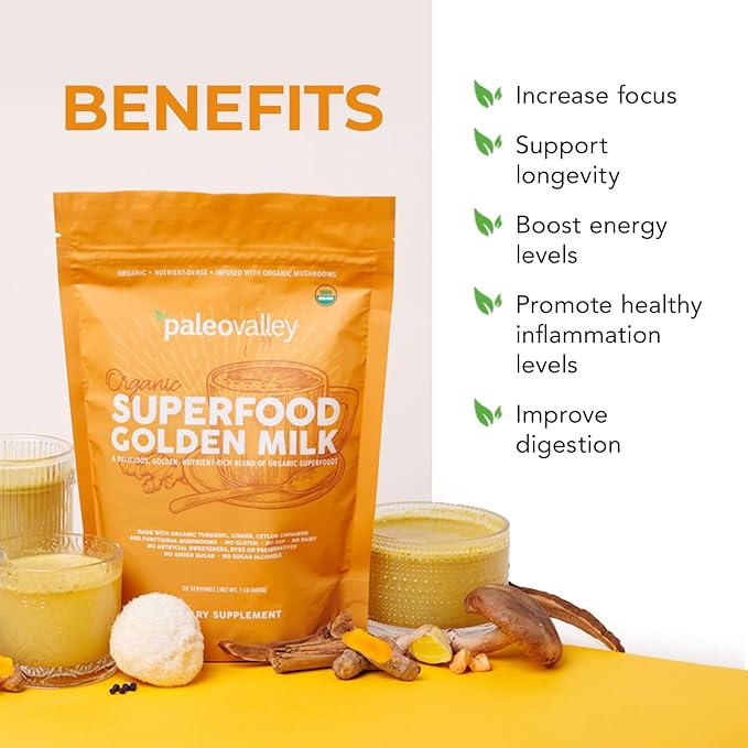 Paleovalley Organic Superfood Golden Milk - Immune, Focus, Cognitive, Longevity - Turmeric, MCT-Rich Coconut Milk, Functional Mushrooms, 30 Servings