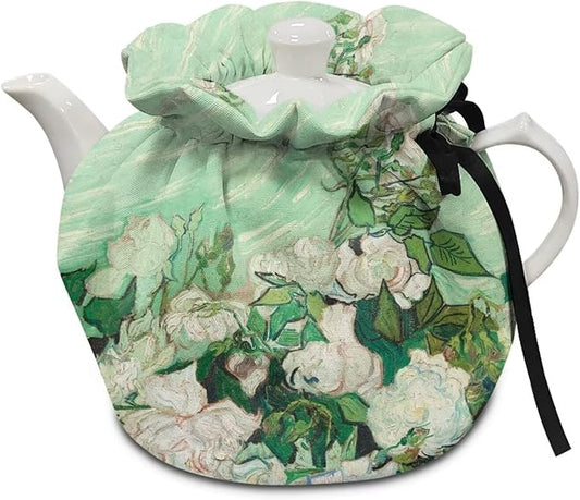 Van Gogh White Rose Teapot Cozy Tea Pot Dust Cover Teapot Insulation Cover Decorative Teapot Cover Kettle Protective Kitchen Accessory for Hotel Restaurant Tea Party