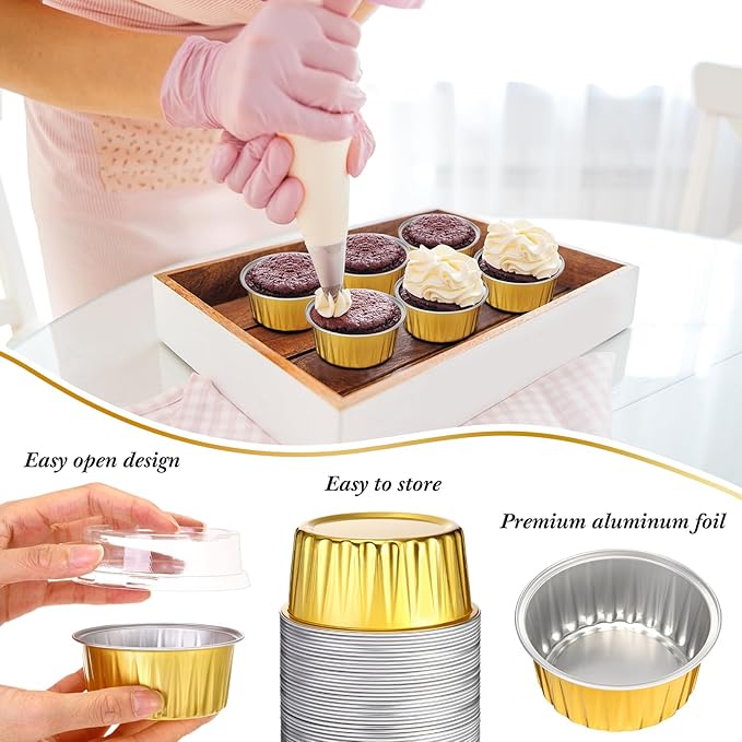 Gejoy 400 Pcs Aluminum Foil Baking Cups with Lids 5 oz Disposable Ramekins Mini Cake Pans Creme Brulee Cupcake Liners Muffin Tins Flan Mold Dessert Container for Wedding(Gold,Classic)