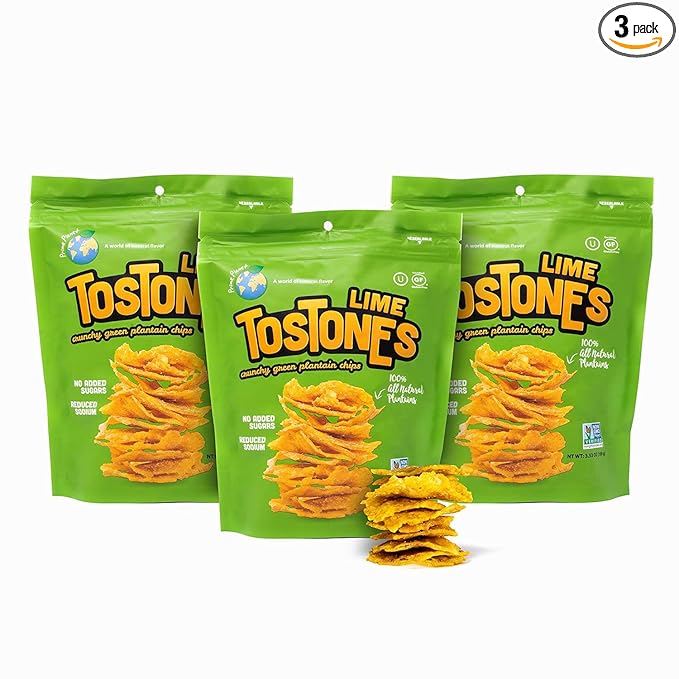 TOSTONES, Green Plantains, Re-Sealable Bag, Crunchy chips, Plantains, Palm Oil and Salt, 3.53 Oz per Unit, LIME Flavored, 3 Pack,