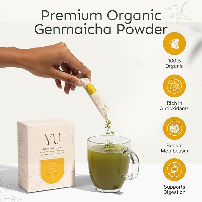 Yu Tea Organic Genmaicha Green Tea Powder | Japanese Green Tea & Roasted Brown Rice | Low Caffeine & Unsweetened | Relaxation, Antioxidants & Digestion | Resealable Pouch, 2.65 oz, 75 Servings