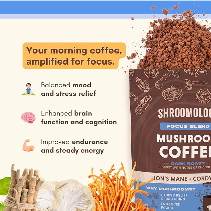 360 Nutrition Instant Mushroom Coffee with Cordyceps, Lion?™s Mane Superfood Mushrooms and Ashwagandha for Cognitive Balance, Memory and Focus | Dark Roast, No Added Sugar 5 oz (Focus Blend)