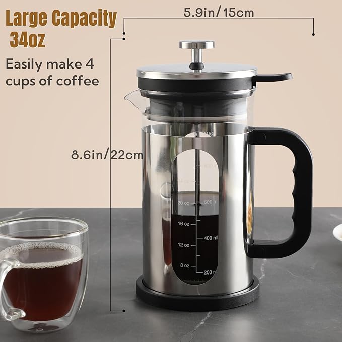 French Press Coffee Maker 34 oz, 1000ml Borosilicate Glass Stainless Steel Coffee Brewer with Reusable Filters Portable Coffee Press for Kitchen Travel Camping
