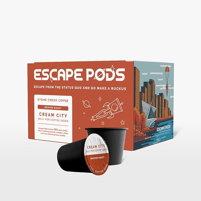Stone Creek Coffee Medium Roast Escape Pods, Ground Coffee Pods – (12 Count, Pack of 1) – Smooth and Sweet with Fruity & Chocolate Tasting Notes - Cream City