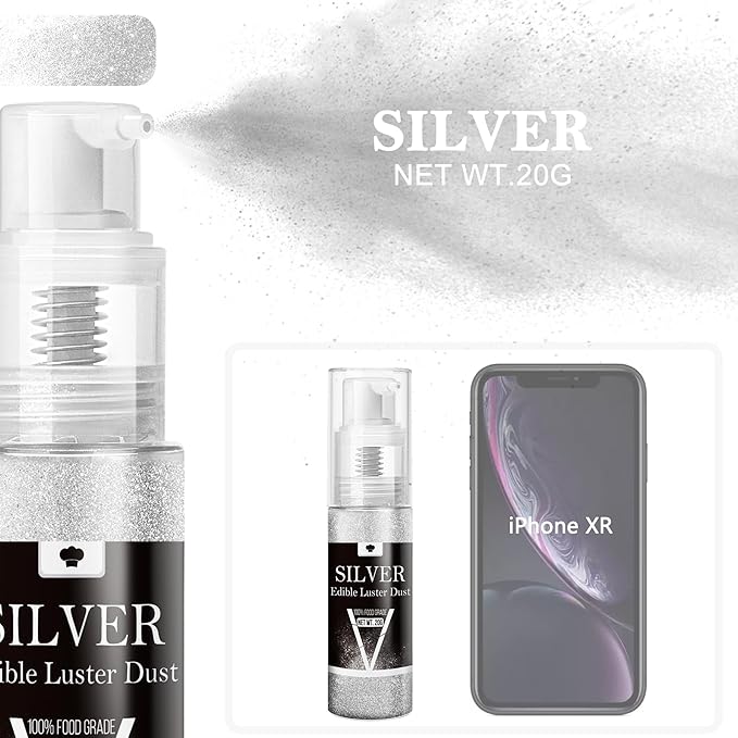 Edible Glitter Spray - 20g Luster Dust Edible Glimmer Powder for Sparkling Cocktails, Cake, Cupcakes, Wine, Beverage - Food Grade Shimmer Dust Powder for Baking, Drinks, Cookies Decoration (Silver)